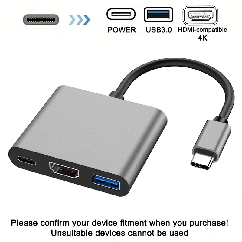 3 In 1 Usb-C Usb Hub Male To Female Usb 3.0 Charging Adapter For Macbook AirHdmi-Compatible 4k Usb 3.1 Type-C To12 Converter