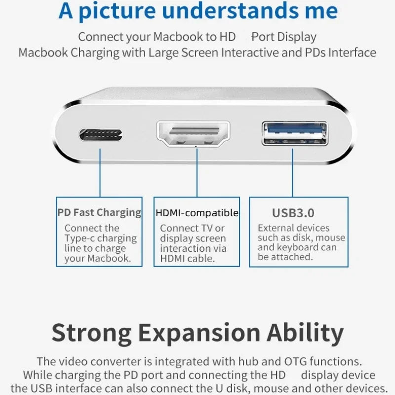 3 In 1 Usb-C Usb Hub Male To Female Usb 3.0 Charging Adapter For Macbook AirHdmi-Compatible 4k Usb 3.1 Type-C To12 Converter